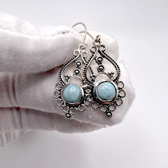 Natural Larimar .925 Sterling Silver Dangle Earrings - Picture 6 of 17